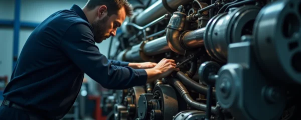 Vue détaillée d'un camion lourd en entretien avec un mécanicien inspectant le moteur