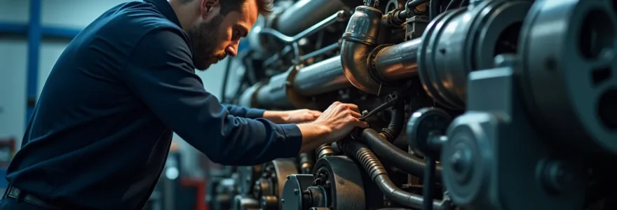 Vue détaillée d'un camion lourd en entretien avec un mécanicien inspectant le moteur