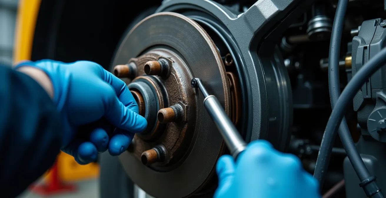 Détail d’inspection d’un système de freinage et moteur de camion lourd