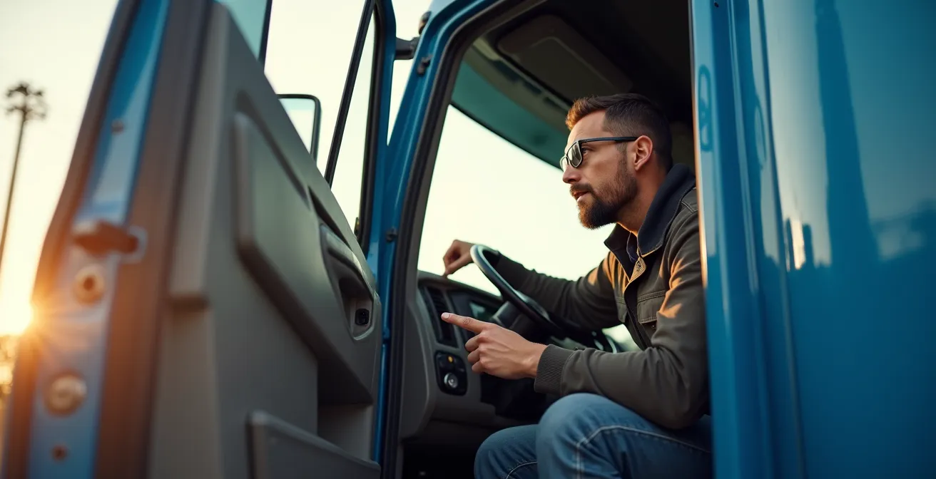 Conducteur de camion inspectant visuellement son véhicule avant départ